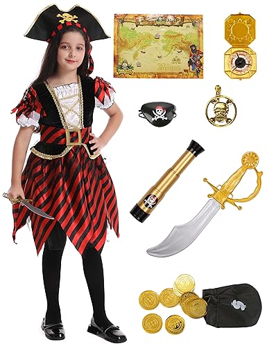 Mrsclaus Piratenkostüm Mädchen Kinder Set - Piraten Kleid, Hut, Augenklappe, Zubehör für Karneval, Halloween, Party C026M von Mrsclaus