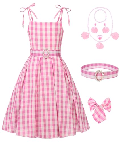 Mrsclaus Prinzessin Kostüm für Mädchen Kinder Kleid Rosa Plaid mit Halskette Ohrringe Rosa Outfits Filmkostüm für Halloween Karneval Party Dress Up Zubehör C037-140 von Mrsclaus