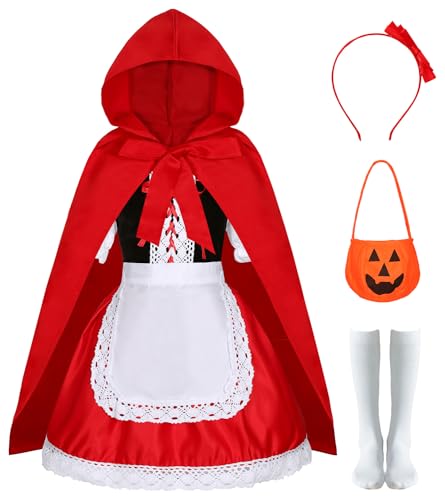 Mrsclaus Rot Kostüm Mädchen Rotkäppchen Kostüm Kinder Rot Umhang Kleid Rote Fliege Headband Kürbisbeutel Halloween Mottoparty Kostüm Party C017-120 von Mrsclaus