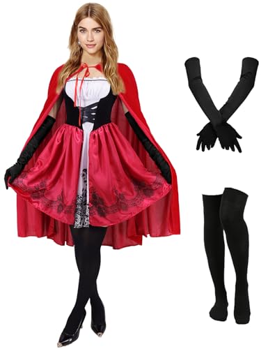 Rotkäppchen-Kostüm Damen Erwachsene, Rotkäppchen Kleid und Umhang mit Kapuze, Karneval Prinzessin Kostüm Little Red Riding Hood Outfit für Fasching Cosplay Princess Fasching Cosplay Outfit C059L von Mrsclaus