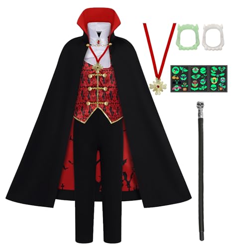 Mrsclaus Vampir Kostüm Kinder Jungen Viktorianische Gothic Royal Vampirkostüm Set mit Vampir Umhang Vampir Cane und Kinder-Vampirgebiss Halloween Karneval Cosplay Party für Kinder CA049L von Mrsclaus