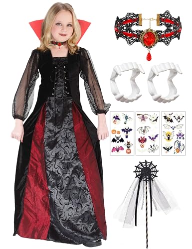 Mrsclaus Vampir Kostüm Mädchen Halloween Königin Kostüm Vampir Kleid Verkleidung mit Halsband und Kinder-Vampirgebiss Vampir Halskette Karneval Mottoparty Dracula Cosplay Party C025M von Mrsclaus