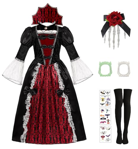 Mrsclaus Vampir Kostüm Mädchen Viktorianische Vampirkostüm Königin Kostüm Vampir Kleid Verkleidung mit Halsband und Kinder-Vampirgebiss Halloween Karneval Cosplay Party für Kinder C048CL von Mrsclaus