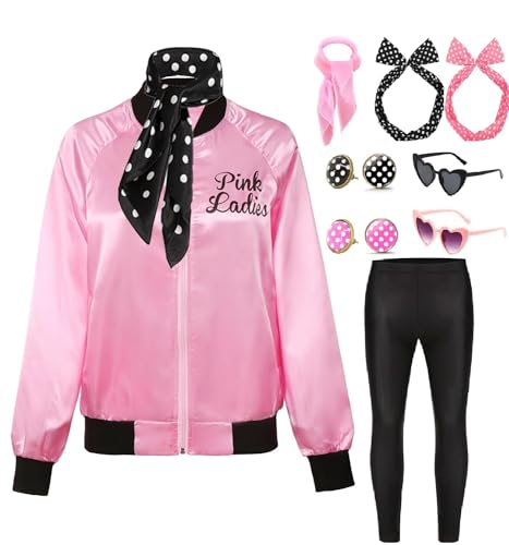 Pink Ladies Damen 50er Jahre Outfit Schicke Jacke Kostüm Set mit Schwarze Leggings Brille Ohrringe Rock’n Roll Grease Musical Halloween Fasching Kostüm Party C031XXXL Pink Ladies Damen 50er Jahre Outfit Schicke Jacke Kostüm Set mit Schwarze Leggings Brille Ohrringe Rock’n Roll Grease Musical Halloween Fasching Kostüm Party C031XXXL von Mrsclaus