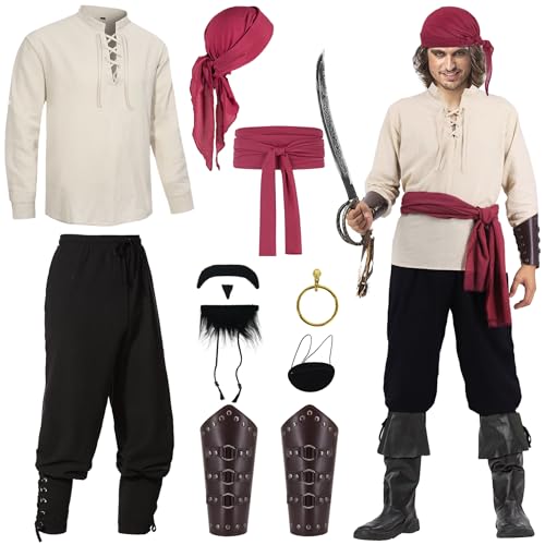 Piratenkostüm Herren 8 Stück Mittelalter Kleidung Set Renaissance Viking Piraten Kostüm Hose Hemd mit Zubehör Augenklappe Kopftuch Gürtel Armschutz Goldohrring Kunstbart für Karneval C063L von Mrsclaus