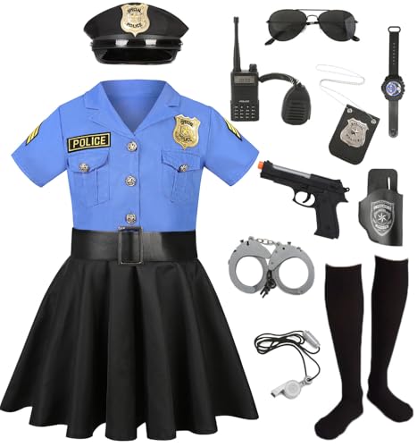 Polizei Kostüm Mädchen Luxus Polizei Offizier Kleid Set für Kinder Karneval Mottoparty Halloween Polizeikostüm Ausrüstung Polizeikelle Polizei Spielzeug Blau und Schwarz C029S von Mrsclaus