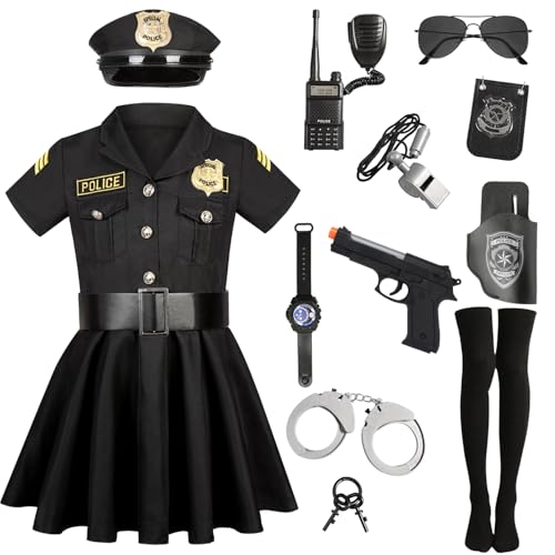 Polizei Kostüm Mädchen Luxus Polizei Offizier Kleid Set für Kinder Karneval Mottoparty Halloween Polizeikostüm Ausrüstung Polizeikelle Polizei Spielzeug Schwarz C030L von Mrsclaus