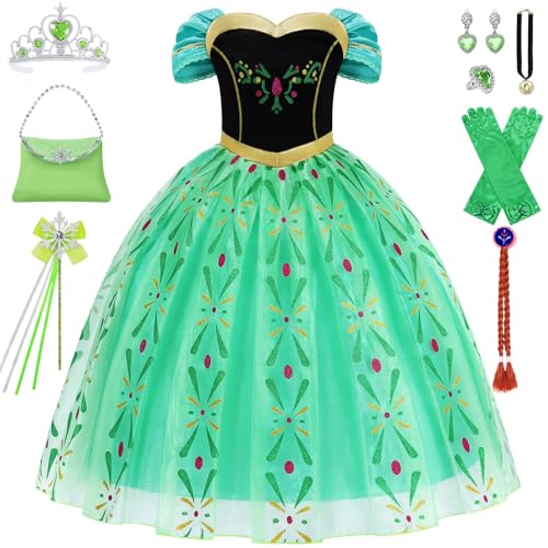 Prinzessin Anna Kostüm für Mädchen Prinzessin Kleid Faschings Karneval Kostüme Kinder Set mit Krone Zauberstab Fastnacht Cosplay Party Prinzessin Kostüm Mädchen Outfit Set mit Zubehör Perücken C070XXL von Mrsclaus