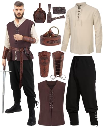 Renaissance Kostüm Herren Mittelalter Kostüm Männer Mittelalter Kleidung Wikinger Viking Kostüm Set Viktorian Hemd Hose Weste Piraten Schnürhemd Halloween Fasching Costume Erwachsener C051-3XL von Mrsclaus