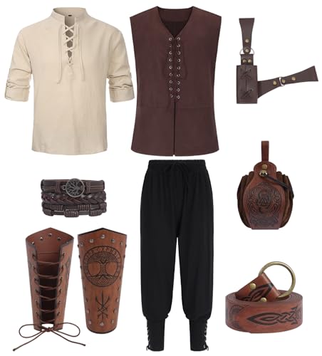 Renaissance Kostüm Herren Mittelalter Kostüm Männer Mittelalter Kleidung Wikinger Viking Kostüm Set Viktorian Hemd Hose Weste Piraten Schnürhemd Halloween Fasching Costume Erwachsener C051L von Mrsclaus