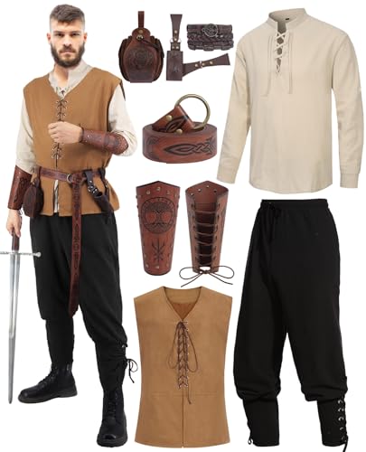 Renaissance Kostüm Herren Mittelalter Kostüm Männer Mittelalter Kleidung Wikinger Viking Kostüm Set Viktorian Hemd Hose Weste Piraten Schnürhemd Halloween Fasching Costume Erwachsener C052-3XL von Mrsclaus