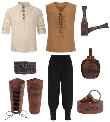 Renaissance Kostüm Herren Mittelalter Kostüm Männer Mittelalter Kleidung Wikinger Viking Kostüm Set Viktorian Hemd Hose Weste Piraten Schnürhemd Halloween Fasching Costume Erwachsener C052L von Mrsclaus