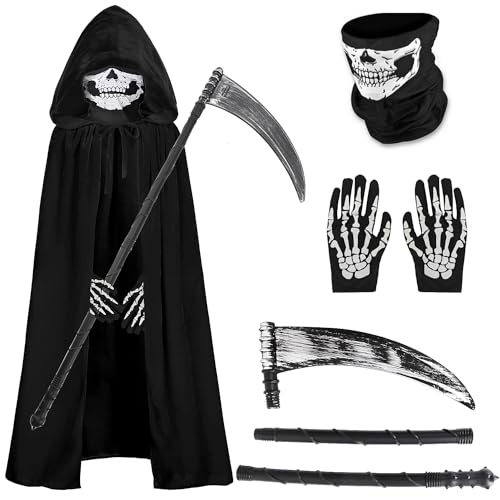 Sensenmann Kostüm Kinder Sensemann Umhang mit Kapuze Unisex Halloween Umhang Cloak Schwarz With Hood Mittelalter Samt Hexe Grim Reaper Kostüm mit Sense Skelett Maske SchädeHandschuhe C010-M von Mrsclaus