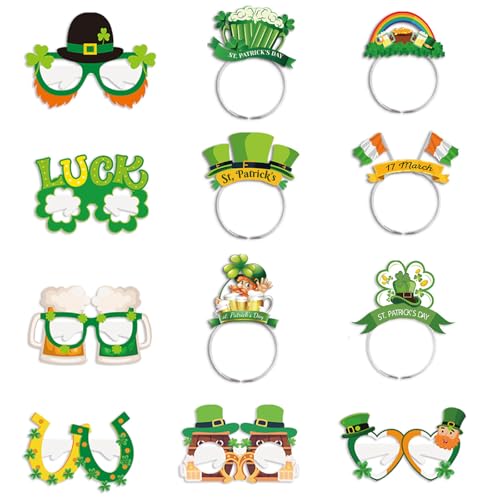 12Pcs St. Patrick's Day Accessoires Irish Green Stirnbänder und Brille Set Shamrock Papier Brille Foto Requisiten Neuheit Brille Rahmen Kostümstätte Stirnbanddekoration für Kinder Erwachsene (Style A) von Mtbricey