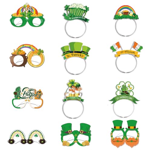 12Pcs St. Patrick's Day Accessoires Irish Green Stirnbänder und Brille Set Shamrock Papier Brille Foto Requisiten Neuheit Brille Rahmen Kostümstätte Stirnbanddekoration für Kinder Erwachsene (Style B) von Mtbricey