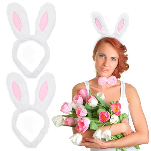 2 Stück Hasenohren Stirnband Plüsch Easter Haarband Süßes Kaninchen Stirnband Boppers Easter Ohren Stirnband Hair Hoop Photo Booth Requisiten Kopfspeise Haarzubehör für Osterfeier Cosplay (Weiß) von Mtbricey