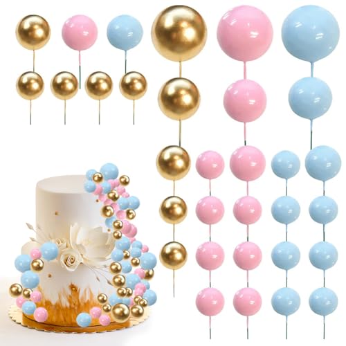 32 Stücke Blau Pink Gold Tortendeko Kugeln Cake Topper Runde Schaum Mini Luftballons Kuchen Top Sticks Kuchen Einfügen Dekorationen für Hochzeits Geburtstag Jubiläum Babyparty Graduation Party von Mtbricey