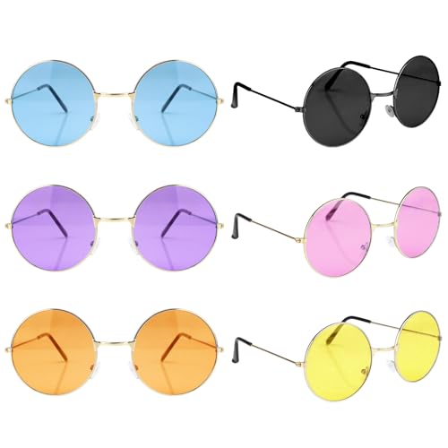 6 Paar Runde Retro Hippie Brille John Lennon Retro Sonnenbrille Vintage Rundbrille Partybrillen Herren Damen Farbige Brille für 60er 70er Jahre Party Strand Feste Kostümzubehör Geburtstagsfeier von Mtbricey