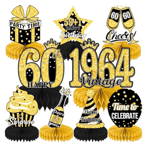 9 Stück 60. Geburtstag Bienenwabe Mittelstück Schwarz Goldene Waben Tischdekoration für Männer und Frauen Vintage 1964. Geburtstagsparty Dekor Prost auf den 60. Geburtstag Party Dekorationszubehör von Mtbricey