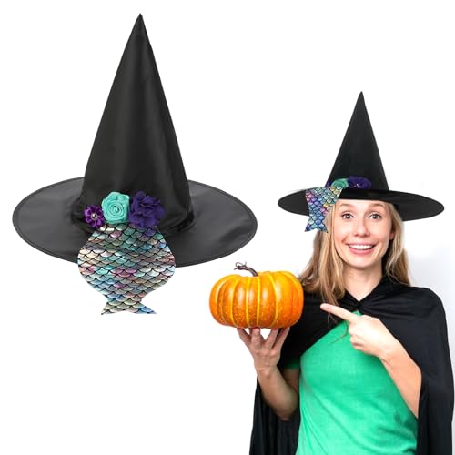 Halloween Hexenhut,Schwarze Hexe Spitzmütze Hut,Halloween Hexe Kostüm Zubehör mit Blumen Fischschwanz,Zauberer Hut Karneval Cosplay Kostüm für Kinder Mädchen Erwachsene Halloween Party Holiday Deko von Mtbricey