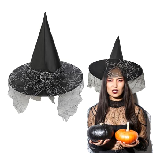 Halloween Hexenhut,Schwarze Hexe Spitzmütze Hut,Halloween Hexe Kostüm Zubehör mit Spinnennetz Schleier,Zauberer Hut Karneval Cosplay Kostüm für Kinder Mädchen Erwachsene Halloween Party Holiday Deko von Mtbricey