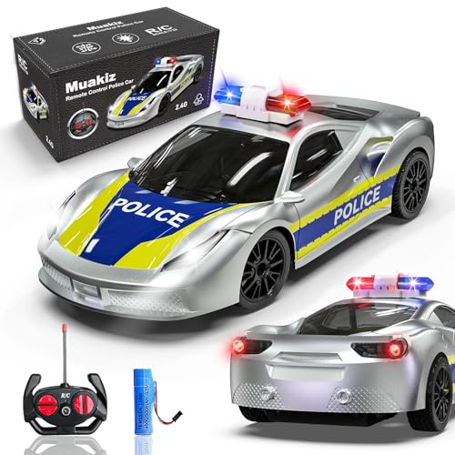 Muakiz Ferngesteuertes Auto ab 3 4 5 6+ Jahre, 2.4G RC Auto Spielzeug Polizeiauto mit Fernbedienung für Junge Mädchen Kinderspielzeug mit Aufladbarer Batterie & Polizei Licht RC Cars Spielzeug, Silber von Muakiz