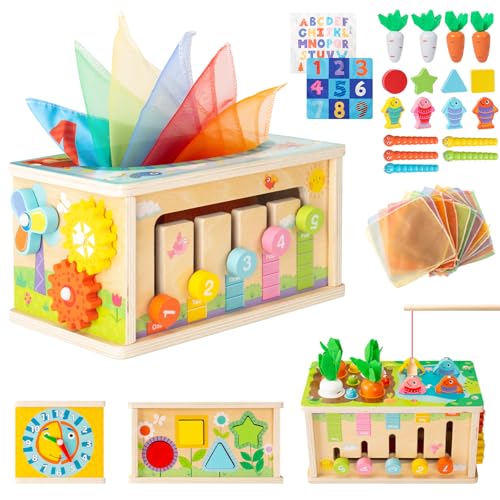 Mucek Montessori Spielzeug Baby ab 6 Monate, 7-in-1 Tücherbox Baby, Holzspielzeug Baby mit 2 Knistertuch, Motorikwürfel Groß Motorikspielzeug, Karotten Steckspiel Holz für Jungen Mädchen Geschenke von Mucek