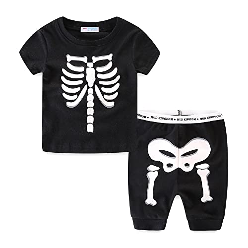 Mud Kingdom Skelett Kostüm Kinder Leuchtend Jungen Mädchen Halloween Kostüme Kurzarm Shorts Set Mottoparty Schwarz 3 Jahre von Mud Kingdom