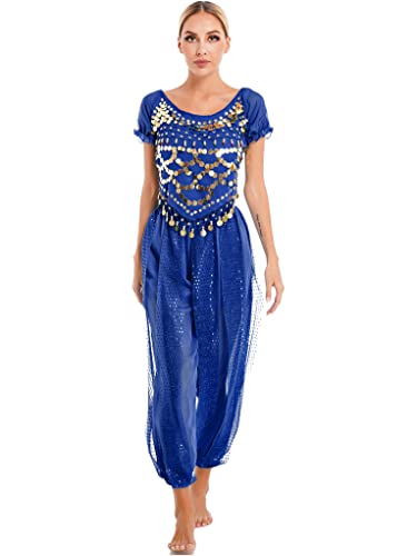 Mufeng Damen Bauchtanz Kostüm Arabien 1001 Nacht Mützen Oberteil Haremshose Indische Set Cosplay Fasching Karneval Tanzkostüm A König Blau M von Mufeng