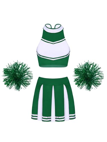 Mufeng Damen Cheerleading Kostüm Ärmellos Cheer Tops + Minirok + Pompoms Cheer Leader Verkleidung Set Fasching Party Cosplay Wettbewerb B Grün L von Mufeng