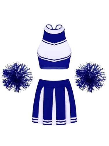 Mufeng Damen Cheerleading Kostüm Ärmellos Cheer Tops + Minirok + Pompoms Cheer Leader Verkleidung Set Fasching Party Cosplay Wettbewerb B Königsblau L von Mufeng