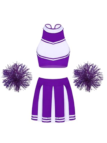 Mufeng Damen Cheerleading Kostüm Ärmellos Cheer Tops + Minirok + Pompoms Cheer Leader Verkleidung Set Fasching Party Cosplay Wettbewerb B Lila M von Mufeng