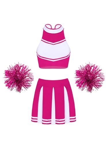 Mufeng Damen Cheerleading Kostüm Ärmellos Cheer Tops + Minirok + Pompoms Cheer Leader Verkleidung Set Fasching Party Cosplay Wettbewerb B Pink L von Mufeng