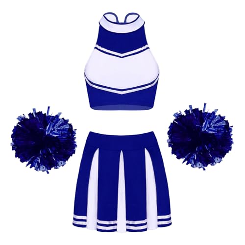 Mufeng Damen Cheerleading Kostüm Ärmellos Cheer Tops + Minirok + Pompoms Cheer Leader Verkleidung Set Fasching Party Cosplay Wettbewerb Ein Königsblau M von Mufeng