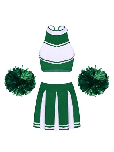 Mufeng Damen Cheerleading Kostüm Ärmellos Cheer Tops + Minirok + Pompoms Cheer Leader Verkleidung Set Fasching Party Cosplay Wettbewerb Ein grüner L von Mufeng