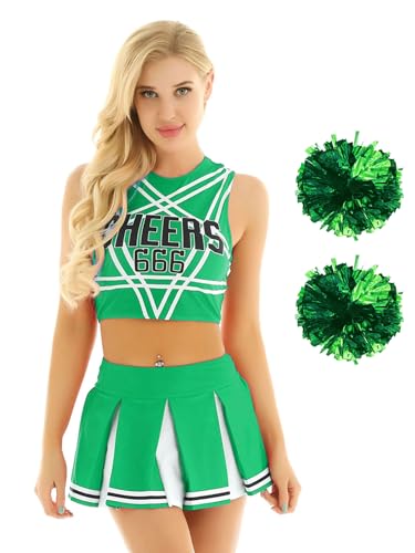 Mufeng Damen Cheerleading Kostüm Ärmellos Tank Tops + Minirok + Pompoms Cheer Leader Set Halloween Party Cosplay Kostüm Grün A M von Mufeng