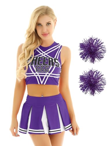 Mufeng Damen Cheerleading Kostüm Ärmellos Tank Tops + Minirok + Pompoms Cheer Leader Set Halloween Party Cosplay Kostüm Lila B XXL von Mufeng