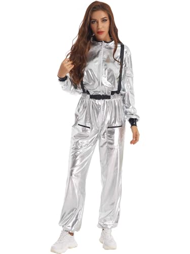 Mufeng Damen Metallic Astronaut Kostüm Langarm Weltall Raumfahrer Outfit Jumpsuit Overall Glänzend Spaceman Kostüm Cosplay Silber S von Mufeng