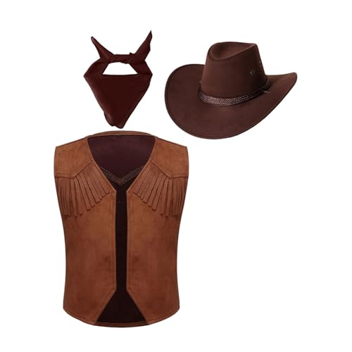 Mufeng Jungen Cowboy Kostüm Set Wilder Westen Weste + Cowboy Hut + Bandanna Cowgirl Cosplay Bühnenauftritte Verkleidung Braun 170-176 von Mufeng