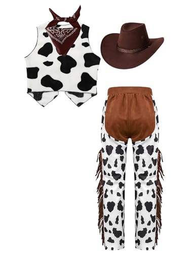 Mufeng Jungen Cowboy Verkleidung Set Ärmellos Cowboy Weste + Cowboy Hose + Cowboy Hut + Bandana Zubehör Outfit Set Cosplay Kaffee 110-116 von Mufeng