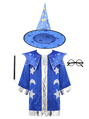 Mufeng Kinder 4 Stück Zauberer Kostüm Magier Sterne Druck Zauberer Umhang Zauberhut Kostüm Halloween Cosplay Karneval Fasching Party Blau 110-116 von Mufeng