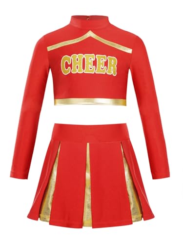 Mufeng Kinder Mädchen Cheer Leaderin Verkleidung Langarm Cheer Top + Tanzrock Cheer Leadering Kostüm Cheer Outfits Party Halloween Cosplay Rot 110-116 von Mufeng