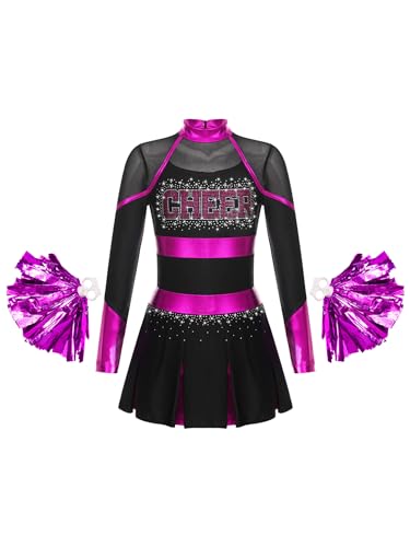 Mufeng Kinder Mädchen Cheer Leadering Kostüm Langarm Cheer minikleid mit Strass + Pompoms Cosplay Party Karneval Kostüm Schwarz & Hot Pink 122-128 von Mufeng