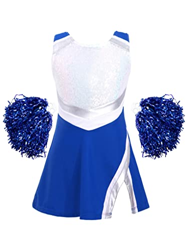 Mufeng Kinder Mädchen Cheerleading Kostüm Ärmellos Pailletten Cheer Leader Kleid mit Pompoms Karneval Fasching Party Bühnenauftritt Cosplay A König Blau 146-152 von Mufeng