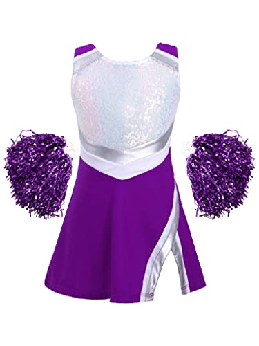 Mufeng Kinder Mädchen Cheerleading Kostüm Ärmellos Pailletten Cheer Leader Kleid mit Pompoms Karneval Fasching Party Bühnenauftritt Cosplay A Lila 146-152 von Mufeng