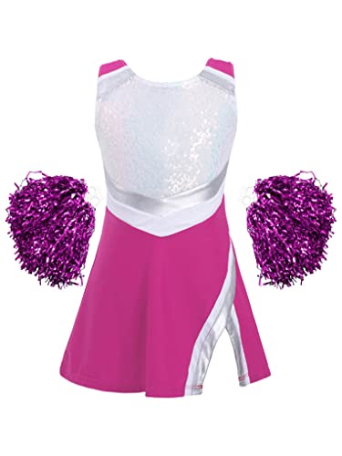 Mufeng Kinder Mädchen Cheerleading Kostüm Ärmellos Pailletten Cheer Leader Kleid mit Pompoms Karneval Fasching Party Bühnenauftritt Cosplay A Rose 134-140 von Mufeng