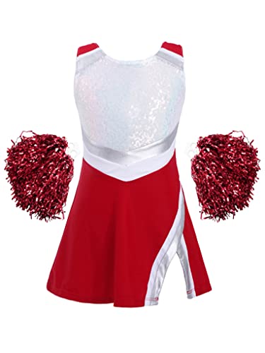 Mufeng Kinder Mädchen Cheerleading Kostüm Ärmellos Pailletten Cheer Leader Kleid mit Pompoms Karneval Fasching Party Bühnenauftritt Cosplay A Rot 122-128 von Mufeng