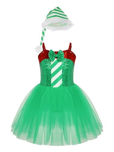 Mufeng Kinder Mädchen Weihnachten Kostüm Ärmellos Weihnachten Kleid mit Pailletten + Weihnachtsmütze Weihnachtself Kostüm Geschenke Party Grün 146-152 von Mufeng