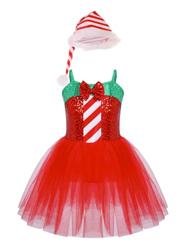 Mufeng Kinder Mädchen Weihnachten Kostüm Ärmellos Weihnachten Kleid mit Pailletten + Weihnachtsmütze Weihnachtself Kostüm Geschenke Party Rot 110-116 von Mufeng