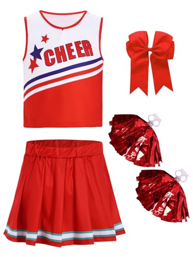 Mufeng Mädchen Cheer Leader Verkleidung Set Langarm Cheer Crop Top mit Rock + Pompoms + Socken Cheerleadering Kostüm Karneval Fasching Rot 110-116 von Mufeng